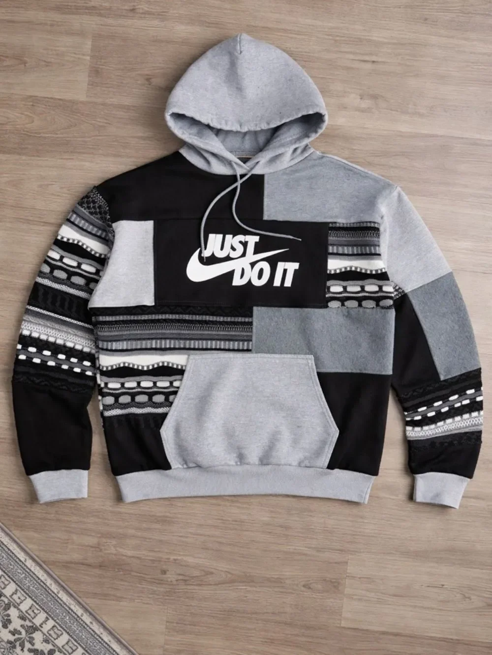 Nike Upcycled Gray Knit Relaxed Fit Black & White Patchwork 'Just Do It' Hoodie
